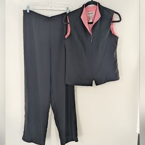 Perceptions VTG 2 Piece Pant Set Zip Vest Wide Leg Black Pink 10 Workwear Career